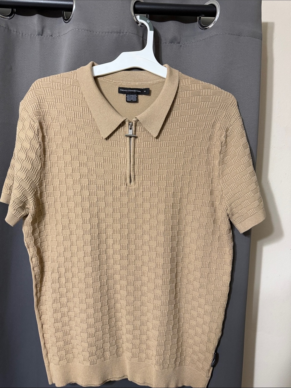 French Connection Men’s Beige Textured Zip Polo